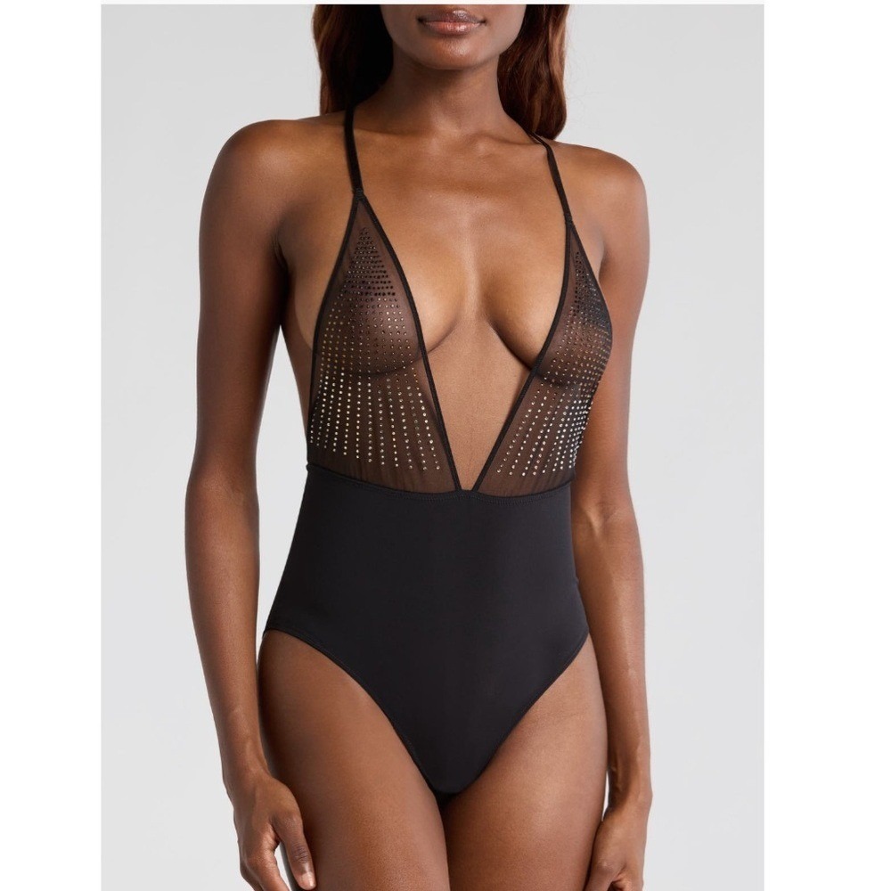 Etam‎ Effusion Rhinestone Bodysuit Lingerie, Sexy Black Crystal, Size Small, NWT
